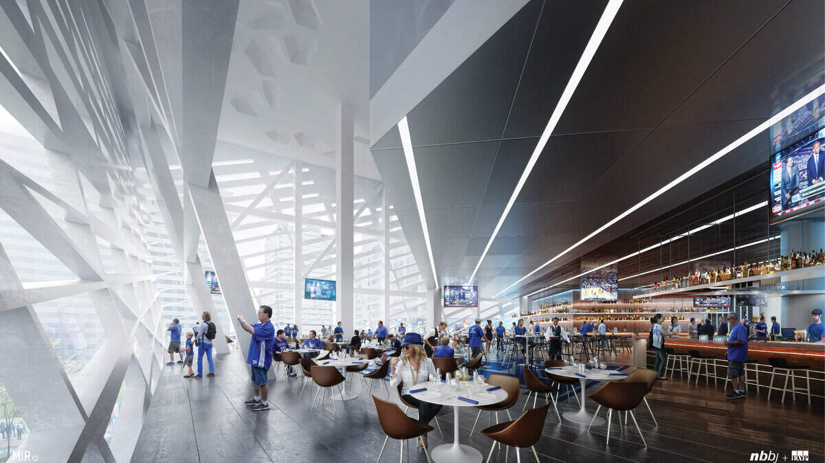 A restaurant or lounge would occupy one of the expanded corners of the arena.