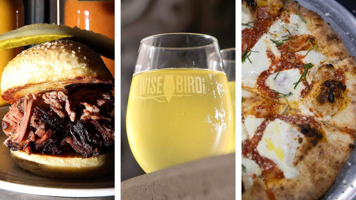 From left, Smoked brisket sandwich from County Club, Cider from Wise Bird Cider Co. and margarita pizza from Ethereal Slice House. All three will be participating in the AVOL Dining Out for Life fundraiser.