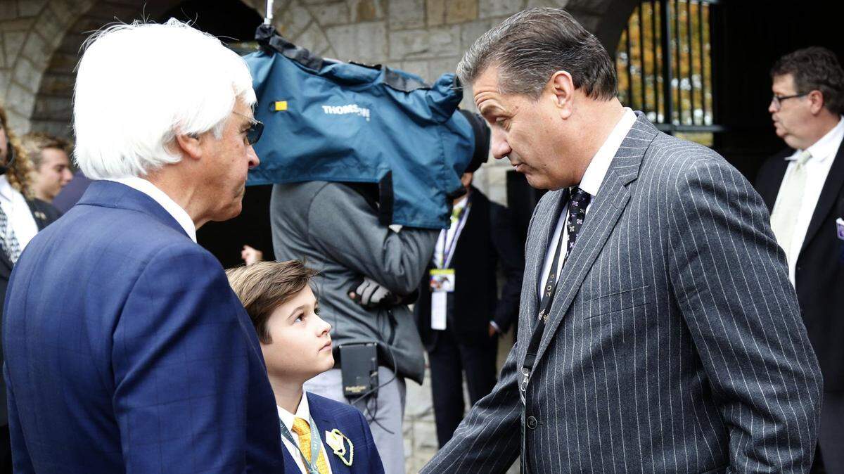 Kentucky basketball coach John Calipari talked with Bodie Baffert, son of American Pharoah trainer Bob Baffert, left, in the paddock before the Breeders’ Cup Classic at Keeneland on Oct. 31, 2015. A horse named Calipari made his racing debut Saturday at Gulfstream Park.