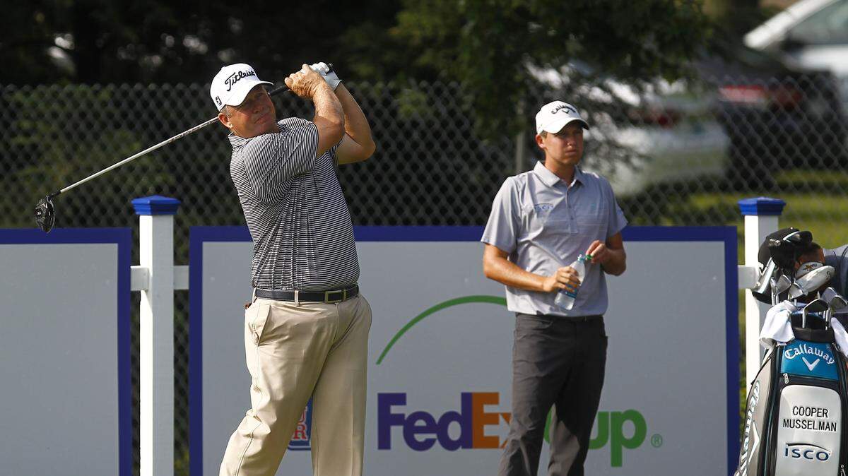 Former St. Xavier and University of Kentucky star Cooper Musselman, who will be making his PGA Tour debut starting Thursday, teed off at Champions at Keene in Nicholasville during a practice round Tuesday.