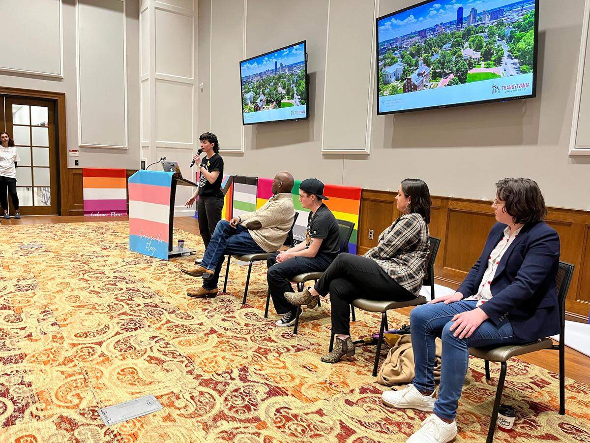 Ysa Leon, left, speaks at a rally for transgender rights at Transylvania University on Friday, March 3, 2023. The event was planned in response to recent anti-LGBTQ legislation introduced in Kentucky.