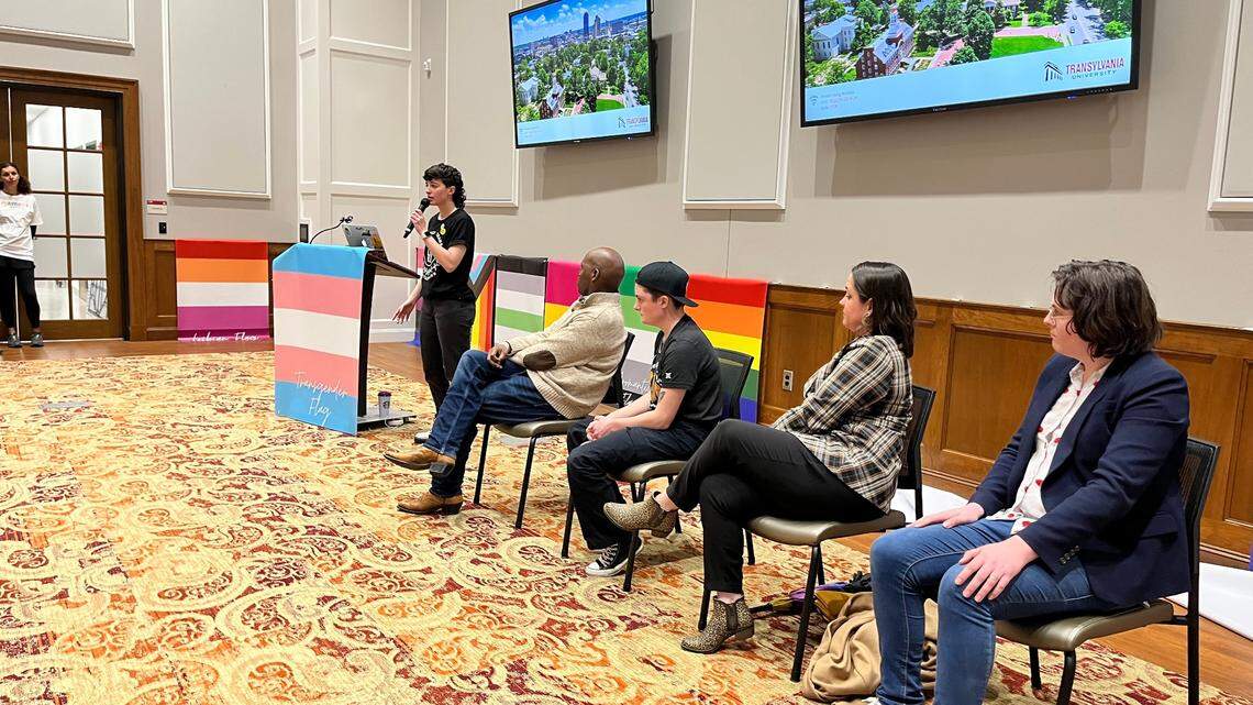 Ysa Leon, left, speaks at a rally for transgender rights at Transylvania University on Friday, March 3, 2023. The event was planned in response to recent anti-LGBTQ legislation introduced in Kentucky.