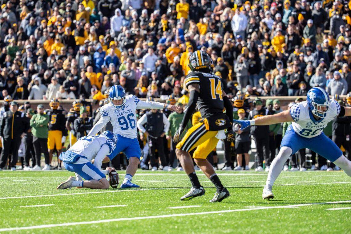 Kentucky place kicker Matt Ruffolo (96) has made 12 of 20 field goal attempts this season.