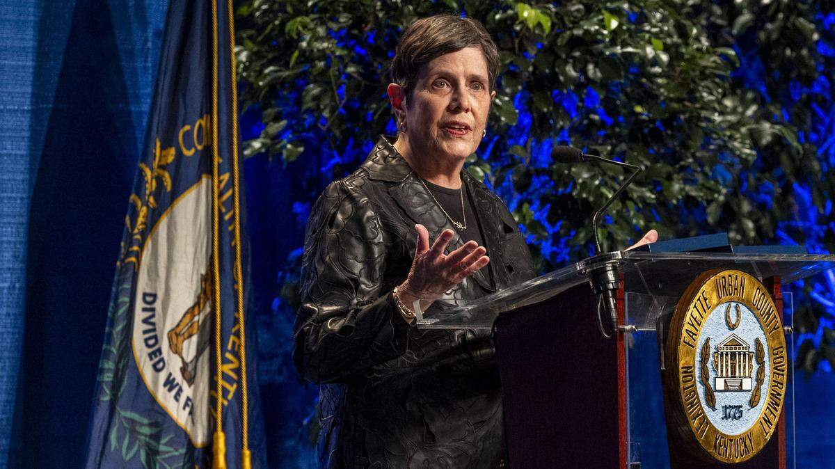 Lexington Mayor Linda Gorton delivers her State of the City-County Address, Thursday, Jan. 28, 2026, at the Central Bank Center ballroom in Lexington, Ky.