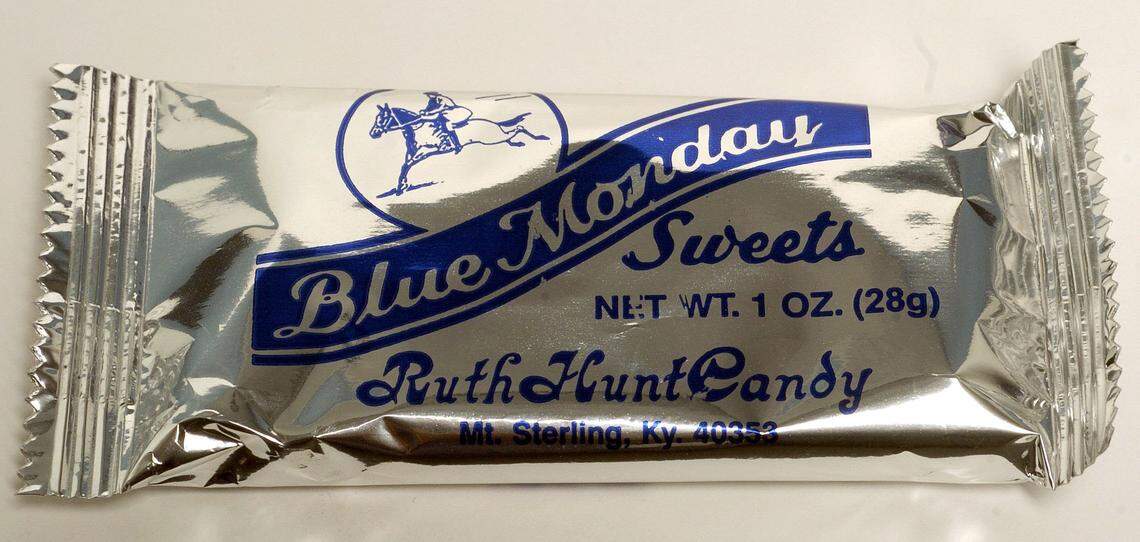A Blue Monday bar from Ruth Hunt Candy is a pulled cream candy center center covered in rich dark chocolate.