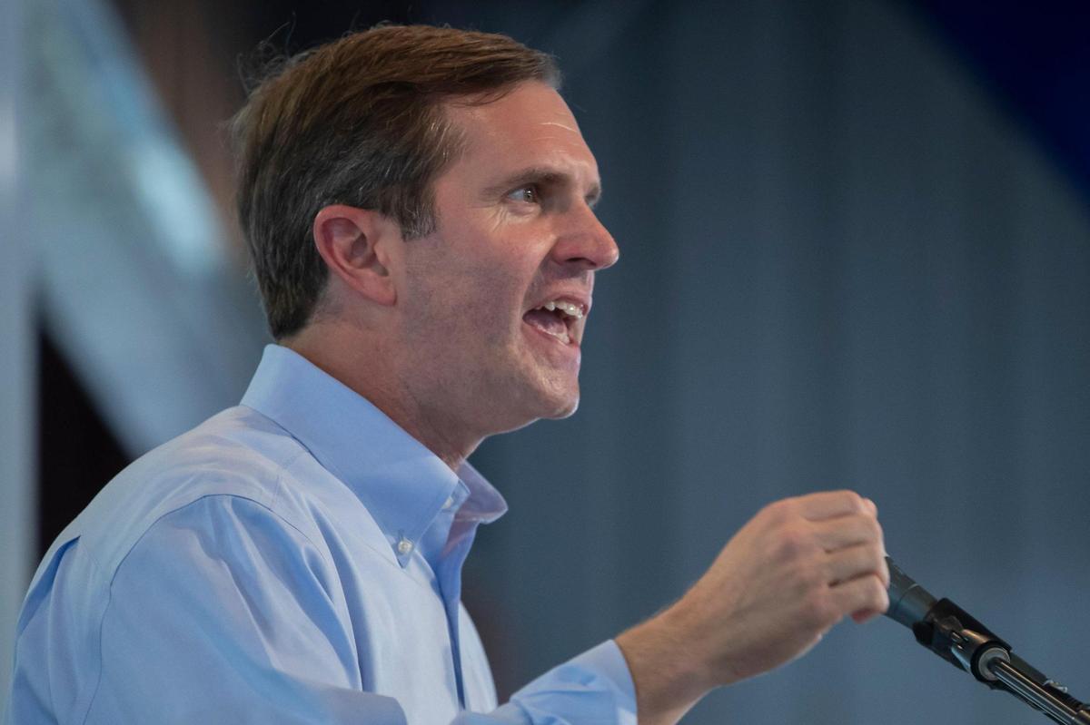 Kentucky Gov. Andy Beshear speaks during the annual St. Jerome Fancy Farm Picnic in Fancy Farm, Ky., on Saturday, Aug. 5, 2023.