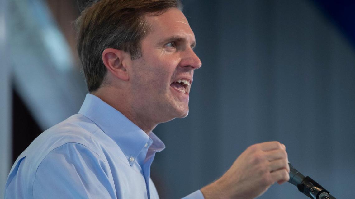 Kentucky Gov. Andy Beshear speaks during the annual St. Jerome Fancy Farm Picnic in Fancy Farm, Ky., on Saturday, Aug. 5, 2023.