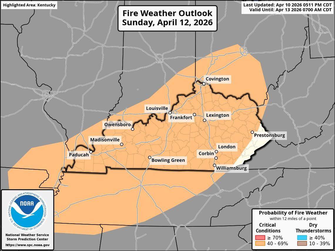 The National Weather Service Storm Prediction Center predicted almost all of Kentucky fell within a swath of moderately critical fire weather Sunday, April 12, 2026.