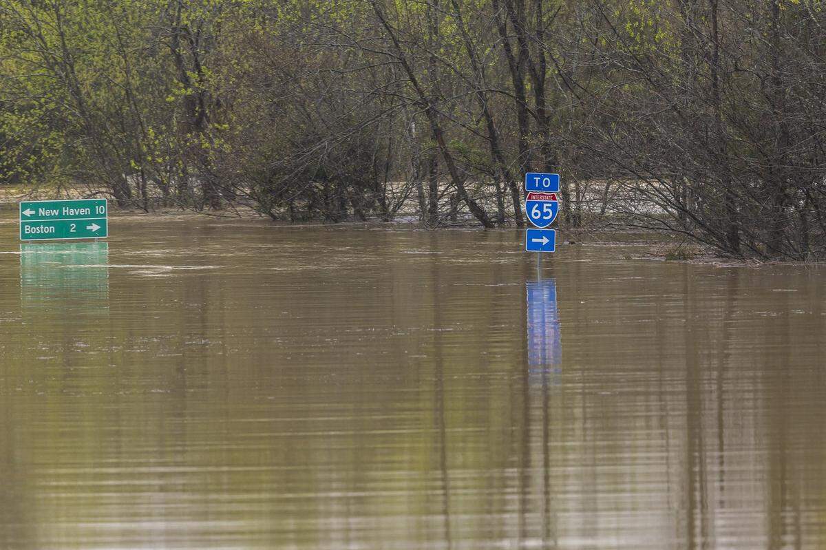 Exit 10 along the Bluegrass Parkway in Nelson County, Ky., is flooded Sunday, April 6, 2025.