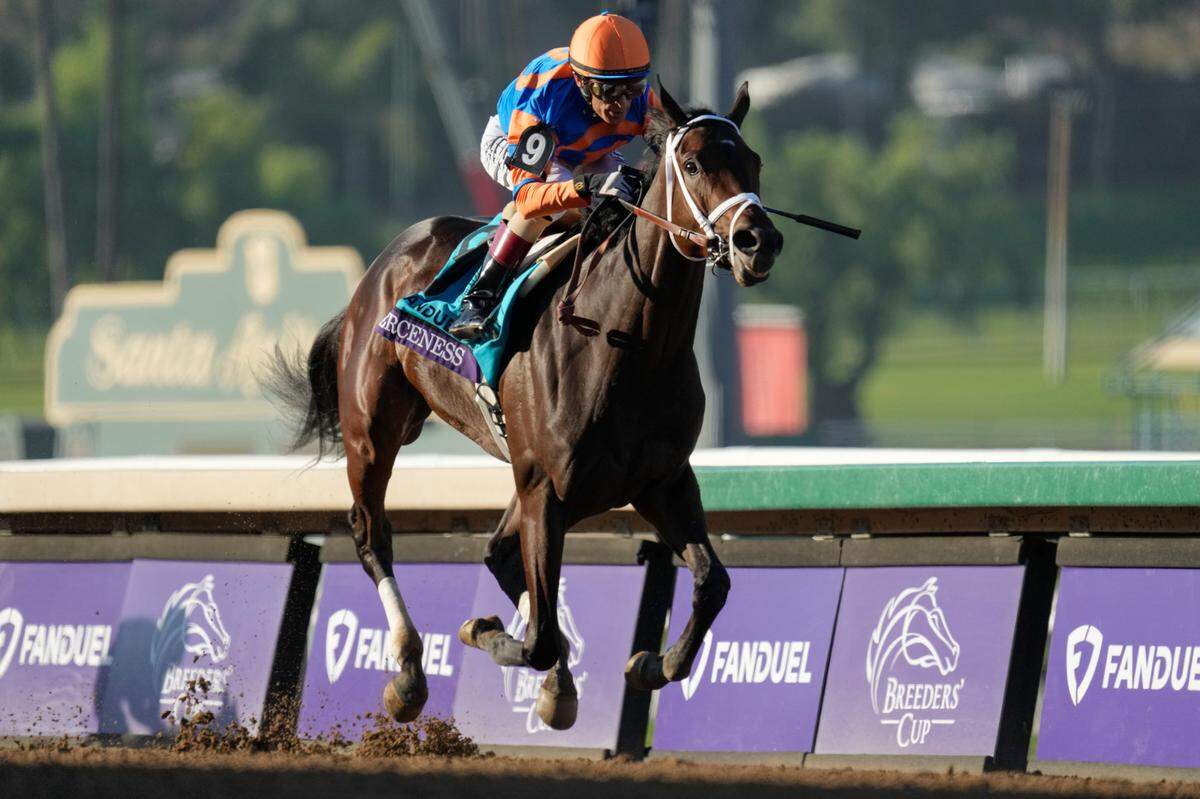 John Velazquez rides Fierceness to victory in the Breeders’ Cup Juvenile at Santa Anita Park last November.&nbsp;Fierceness is fourth on the qualifying leaderboard for the American Road to the Kentucky Derby.