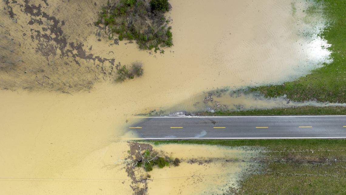 Water floods Kentucky Route 39 near Crab Orchard in Lincoln County, Ky., on Friday, April 4, 2025.