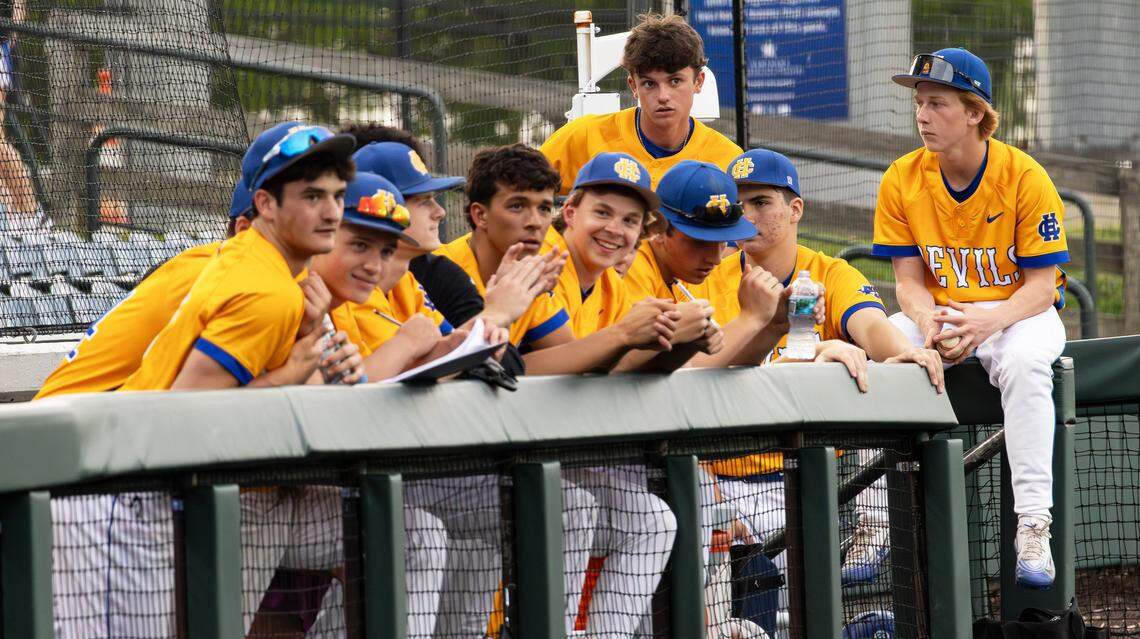 Henry Clay players in the dugout during Henry Clay's game against Frederick Douglass at Legends Field on April 15, 2026, in Lexington, Ky.