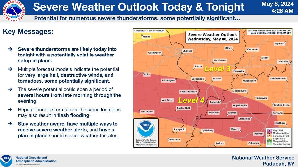 Severe weather, including large hail, strong winds and significant tornadoes, is possible for western Kentucky Wednesday.