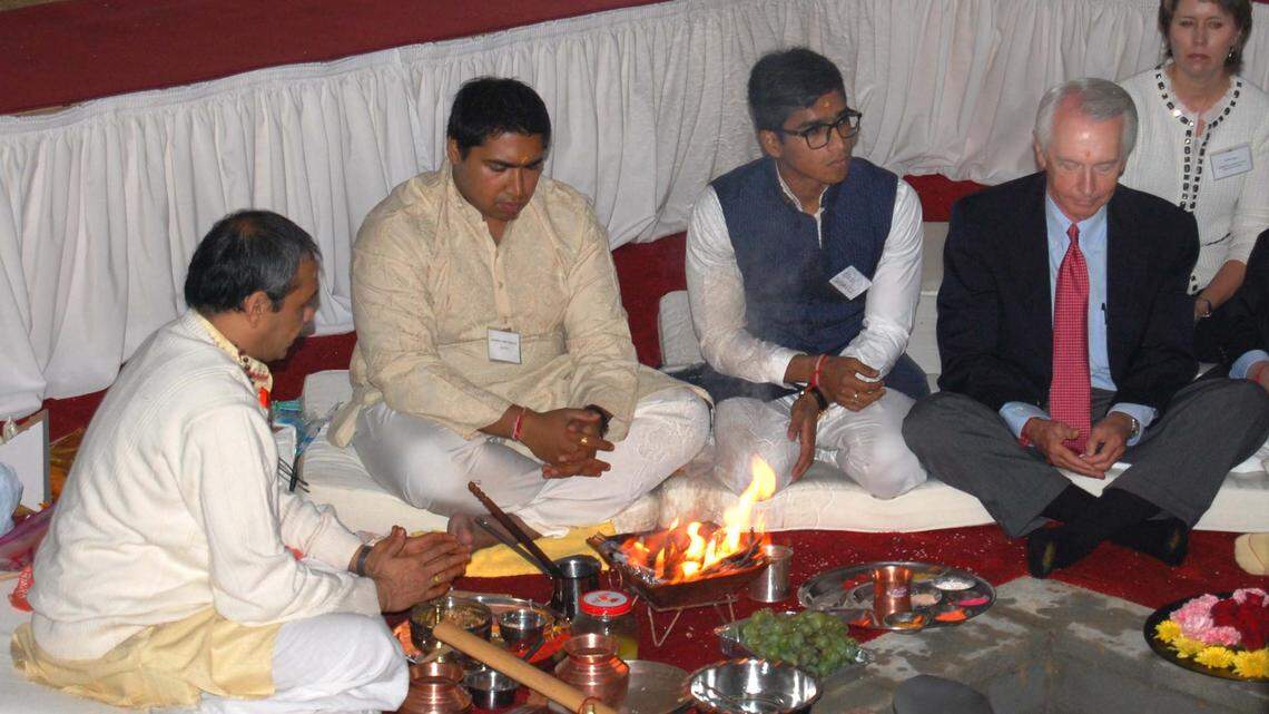 Gov. Steve Beshear, right, took part in a traditional Indian ground blessing ceremony last month in Elizabethtown. Turns out his son represents the company building the factory.