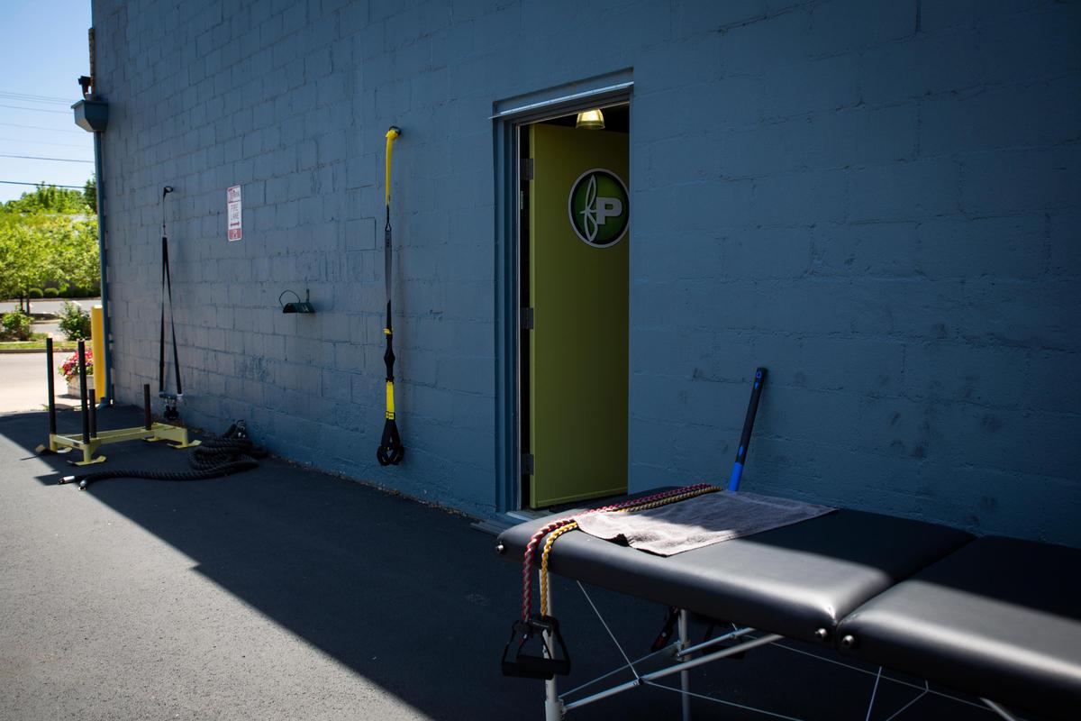 An outdoor workout area was prepared at Fitness Plus in Lexington on Monday. Clients wishing to work out without a mask can use the outdoor area.