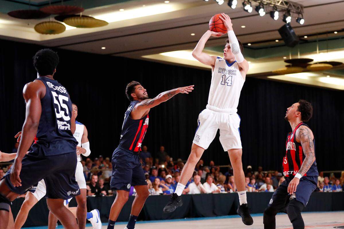 Kentucky freshman Tyler Herro put up a shot during the first half as the Wildcats took on San Lorenzo de Almagro on Aug. 9 at Paradise Island, Bahamas.