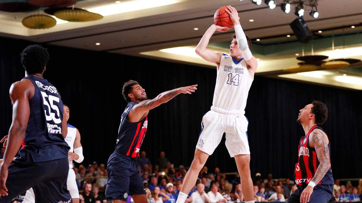 Kentucky freshman Tyler Herro put up a shot during the first half as the Wildcats took on San Lorenzo de Almagro on Aug. 9 at Paradise Island, Bahamas.