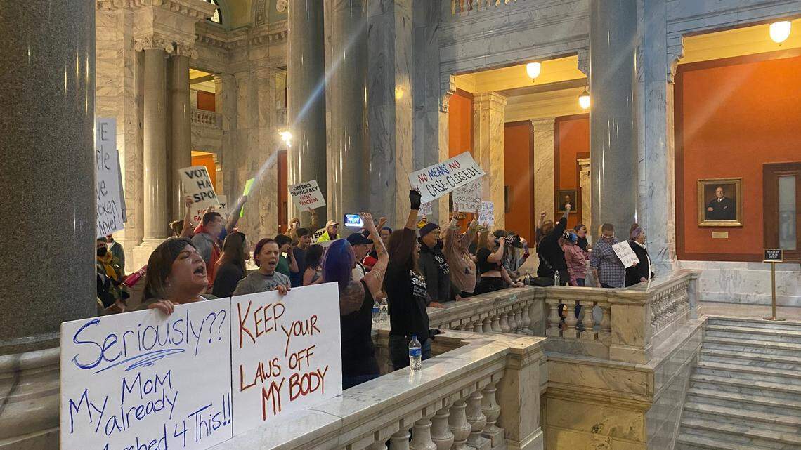 Protesters in the Kentucky Capitol on Nov. 15, 2022, gathered to oppose Attorney General Daniel Cameron’s defense of Kentucky’s abortion bans in a case that came before the Kentucky Supreme Court on Tuesday. While the high court heard oral arguments, protesters chanted, “Bans off our bodies,” and, “abortion is a right, we won’t give up this fight.”
