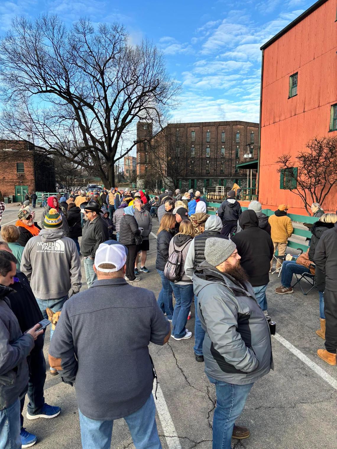 This frame grab from the Buffalo Trace Daily Facebook page shows the line on a recent morning at Buffalo Trace Distillery where fans wait for a chance to buy a bottle of hard-to-find bourbon from the Frankfort gift shop. The Buffalo Trace daily allocation is one bottle of each limited release every 90 days.