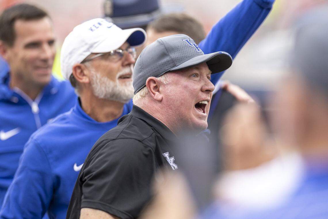 Kentucky coach Mark Stoops celebrated the Wildcats’ victory over Ole Miss last season in Oxford, Mississippi. Stoops and UK host the 20th-ranked Rebels on Saturday at Kroger Field.