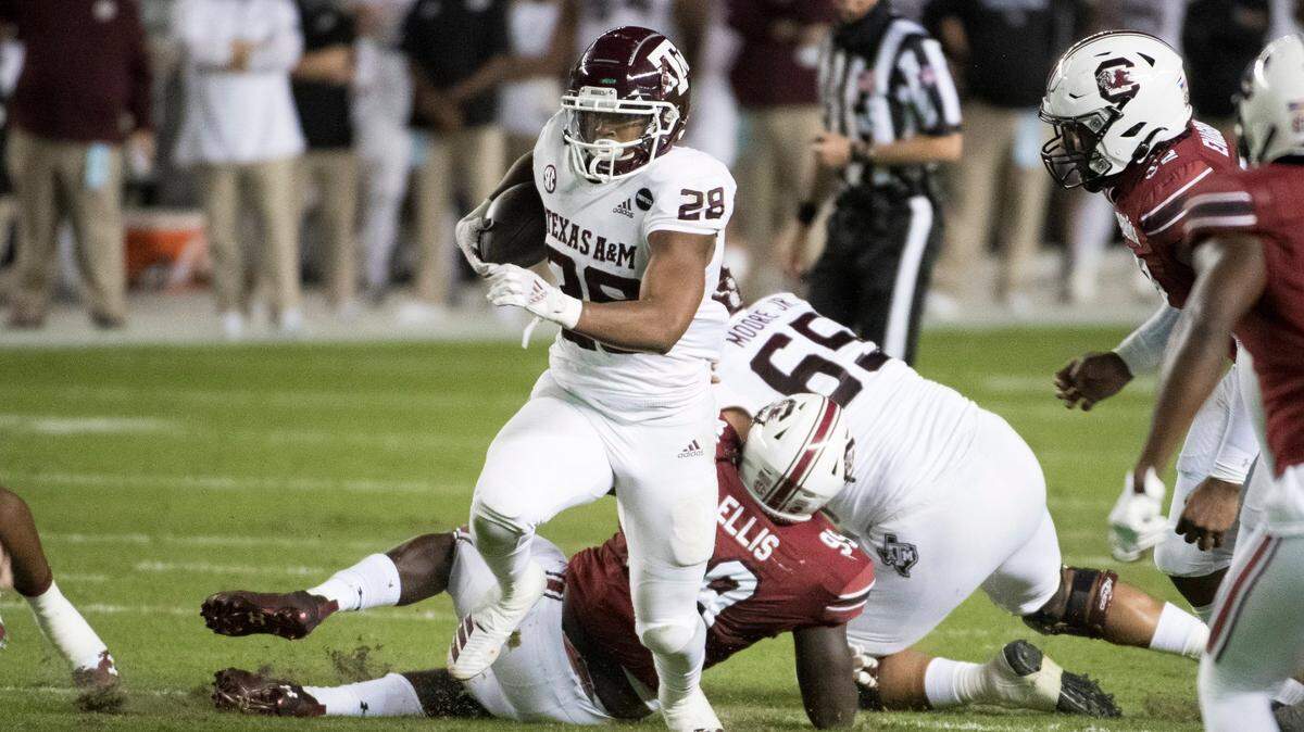 Texas A&M running back Isaiah Spiller (28) rushed for 131 yards against South Carolina on Saturday,