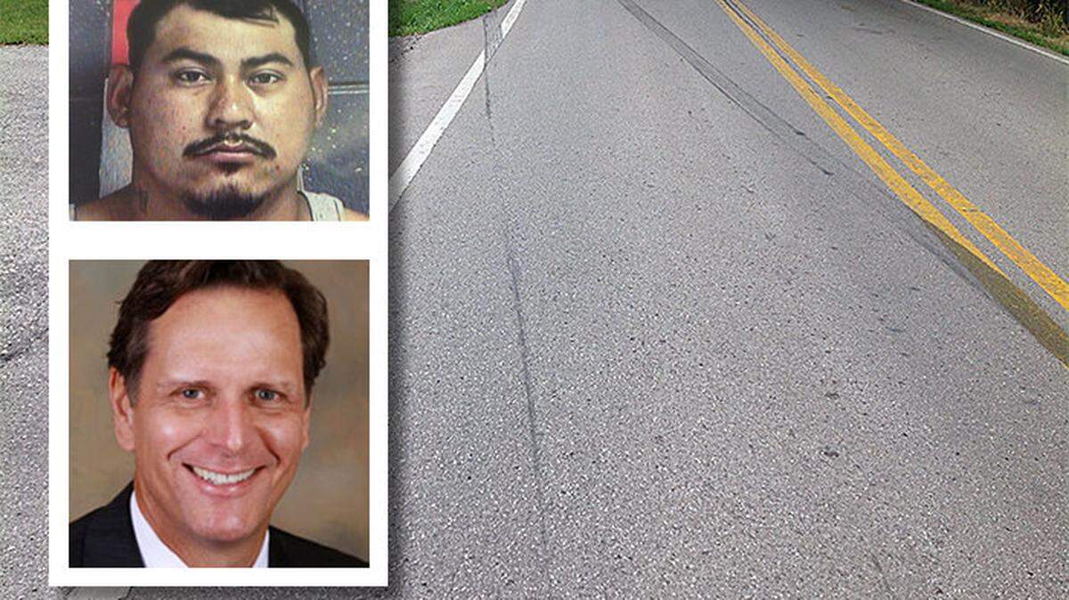Tire marks could be seen at the site where Mark Hinkel, bottom, was struck by a truck allegedly driven by Odilon Paz-Salvador, top. Hinkel was hit while participating in the Horsey Hundred cycling event in May 2015 in Scott County.