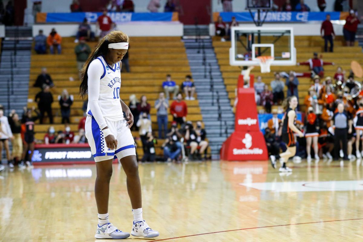 Kentucky’s Rhyne Howard (10) reacts after her team’s NCAA Tournament loss against Princeton. She had 17 points and eight rebounds in her final college game.