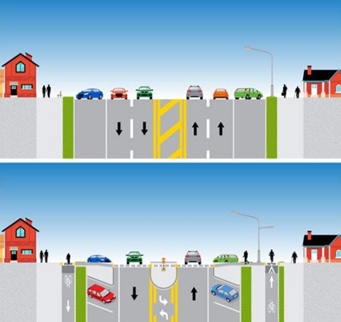 These cross-sections show how a rural 4-lane principal arterial Main Street could be converted to improve safety and access for all road users. Lexington officials are looking for ways to implement safer, redesigned streets into the city’s infrastructure.