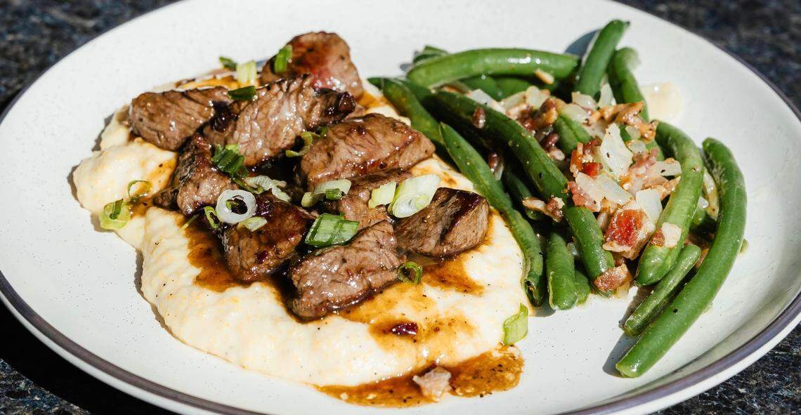 The Carlisle dinner ($22.50) from Southern Cookhouse & Bar is bourbon-glazed filet tips over creamy cheddar grits and served with green beans.