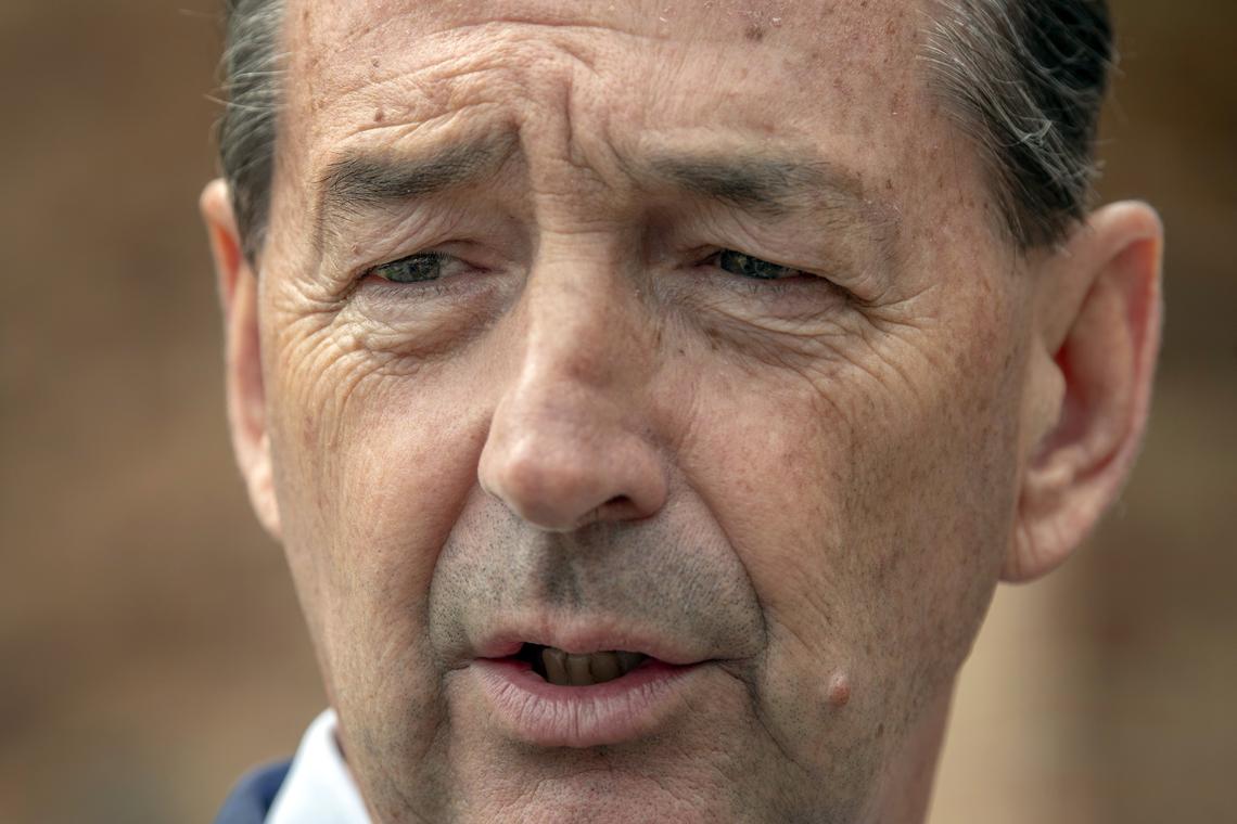 Democratic Kentucky gubernatorial hopeful Rocky Adkins talks with the media after voting Tuesday, May 21, 2019, in Morehead, Ky. The Kentucky House minority leader faces attorney general Andy Beshear and Adam Edlen in the democratic primary.