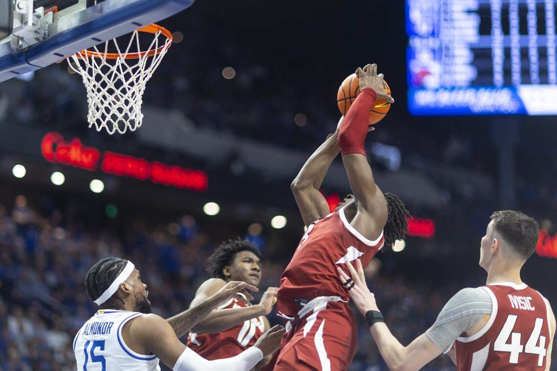 Arkansas forward Adou Thiero (3) grabs a rebound during Saturday’s game against Kentucky Wildcats at Rupp Arena.