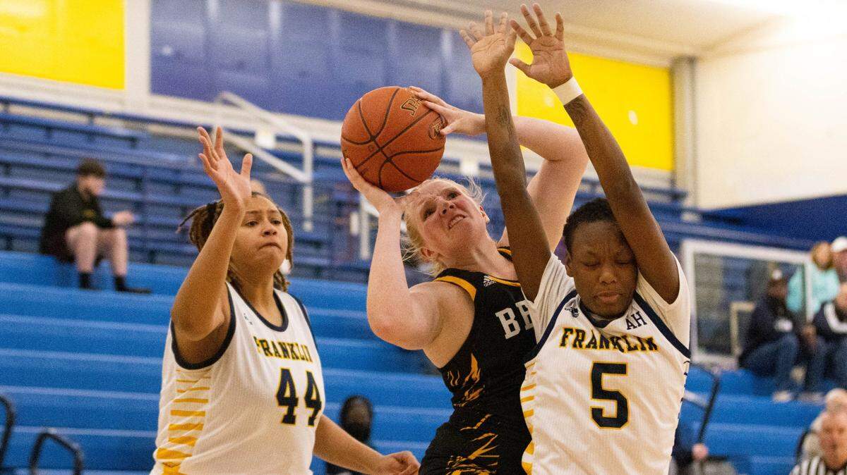 Berea’s Alexis Newman tries to lay up a shot through traffic against Franklin County on Jan. 18.