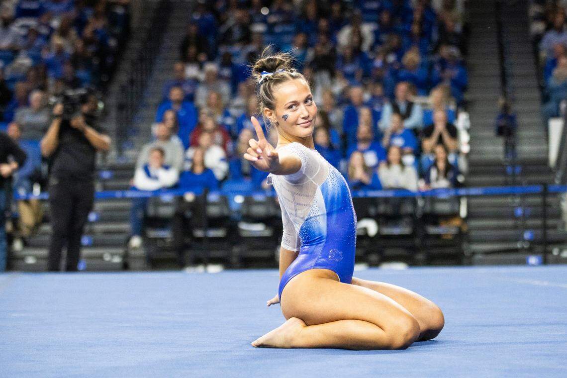 Delaynee Rodriguez performs her routine in the floor exercise on Friday night on her way to tying for first place in the all-around competition.