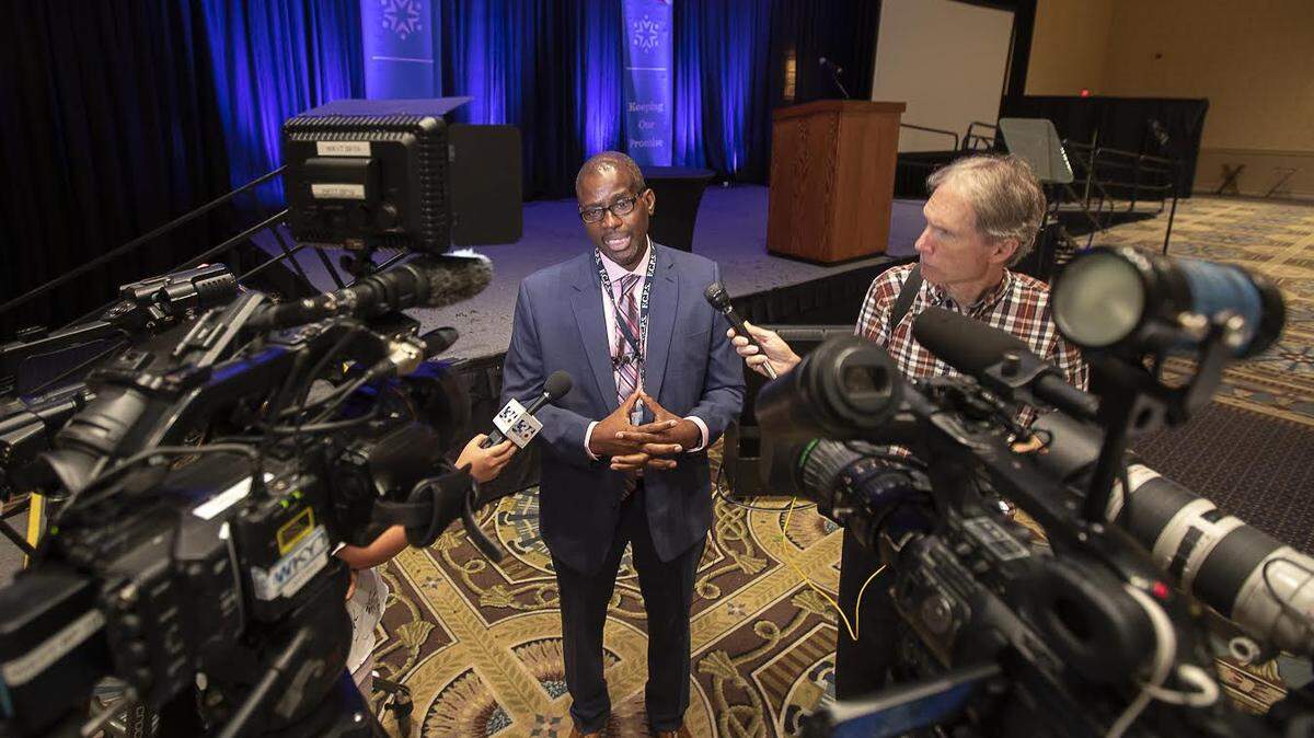 Fayette County Public Schools Superintendent Manny Caulk talks to members of the media after delivering his State of the Schools address at the Lexington Convention Center Wednesday, Aug. 7, 2019.