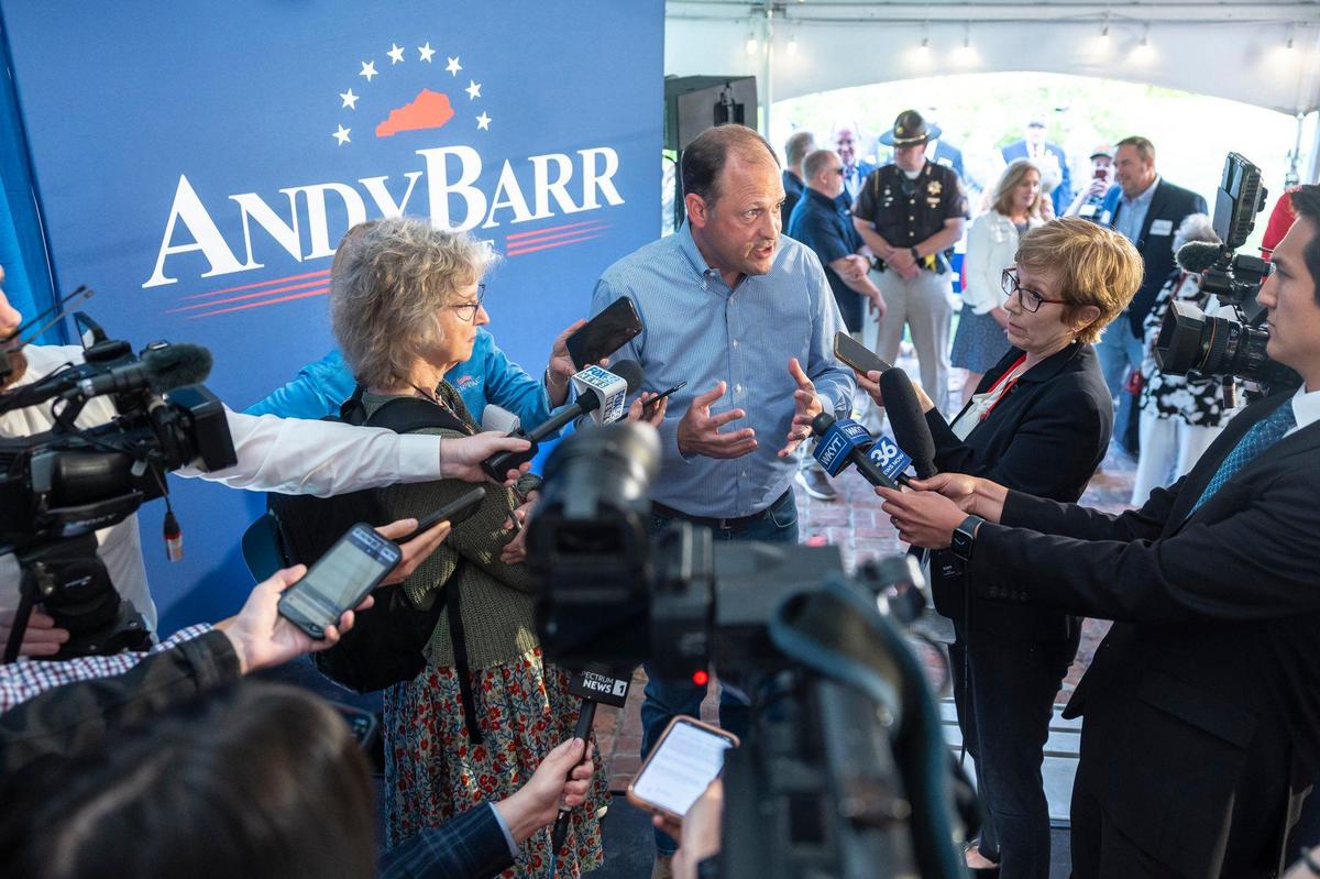 U.S. Rep. Andy Barr speaks with members of the media after announcing he’s running for the U.S. Senate during a campaign launch at Lynwood Estate in Richmond, Ky., on Tuesday, April 22, 2025.