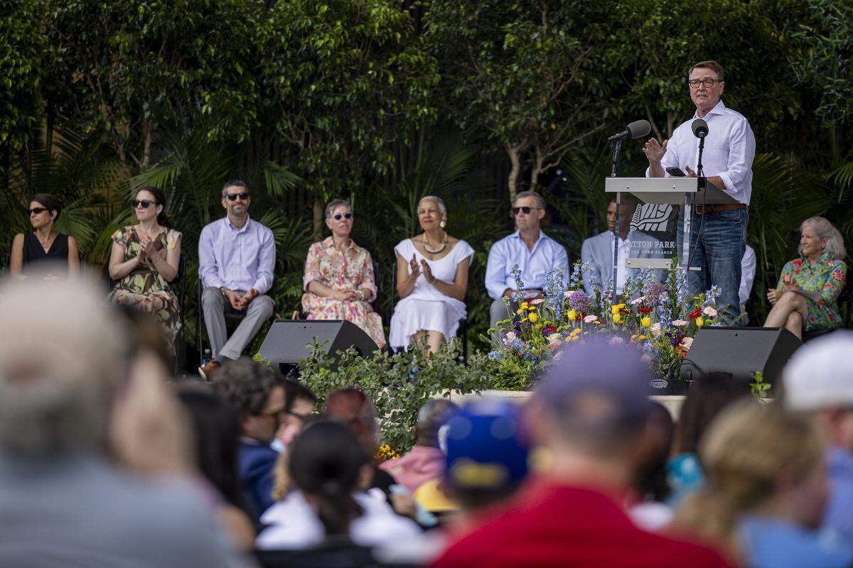 Secretary Jim Gray speaks during the opening of Gatton Park on Saturday, Aug. 23, 2025, in Lexington, Ky. 