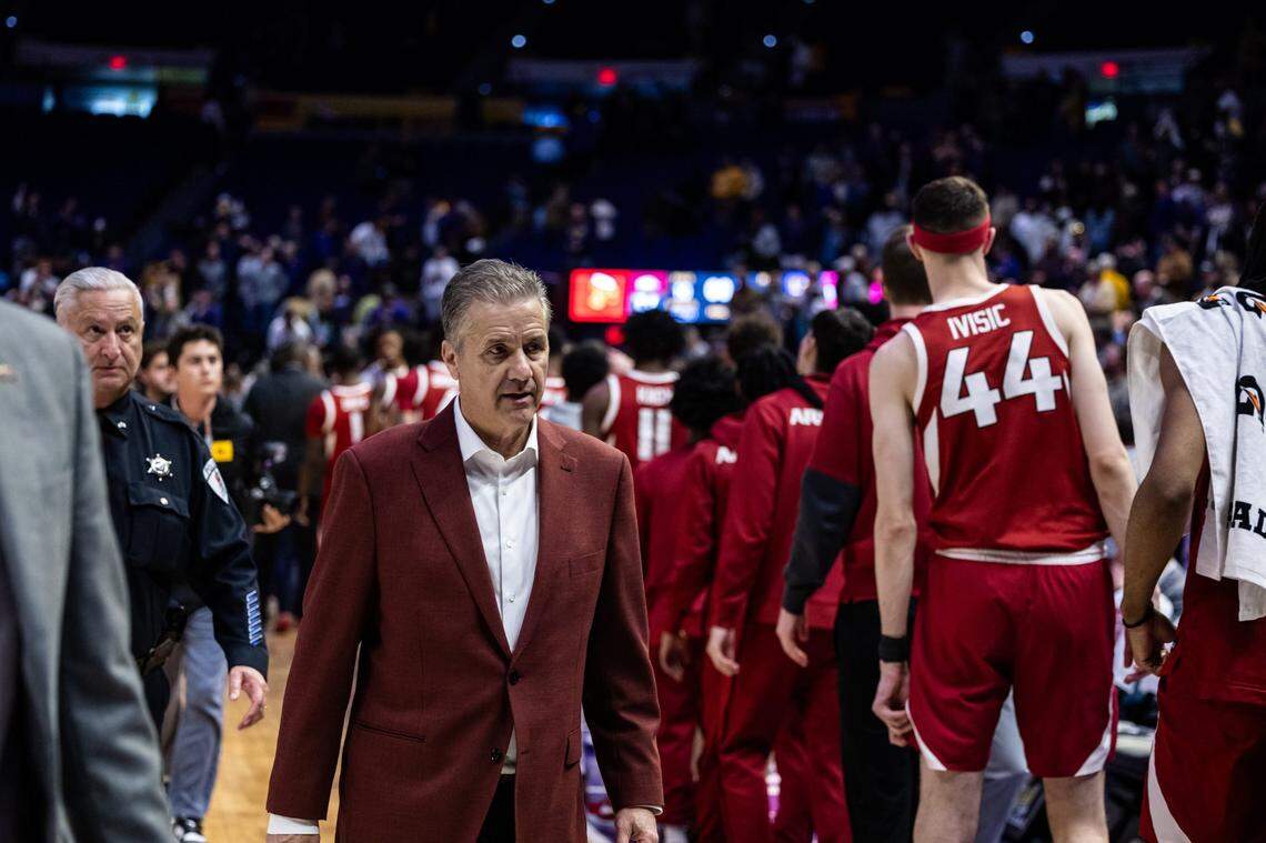 Arkansas head coach John Calipari walks off the court after being defeated by the LSU Tigers this season. The Razorbacks are 1-6 in the SEC standings.