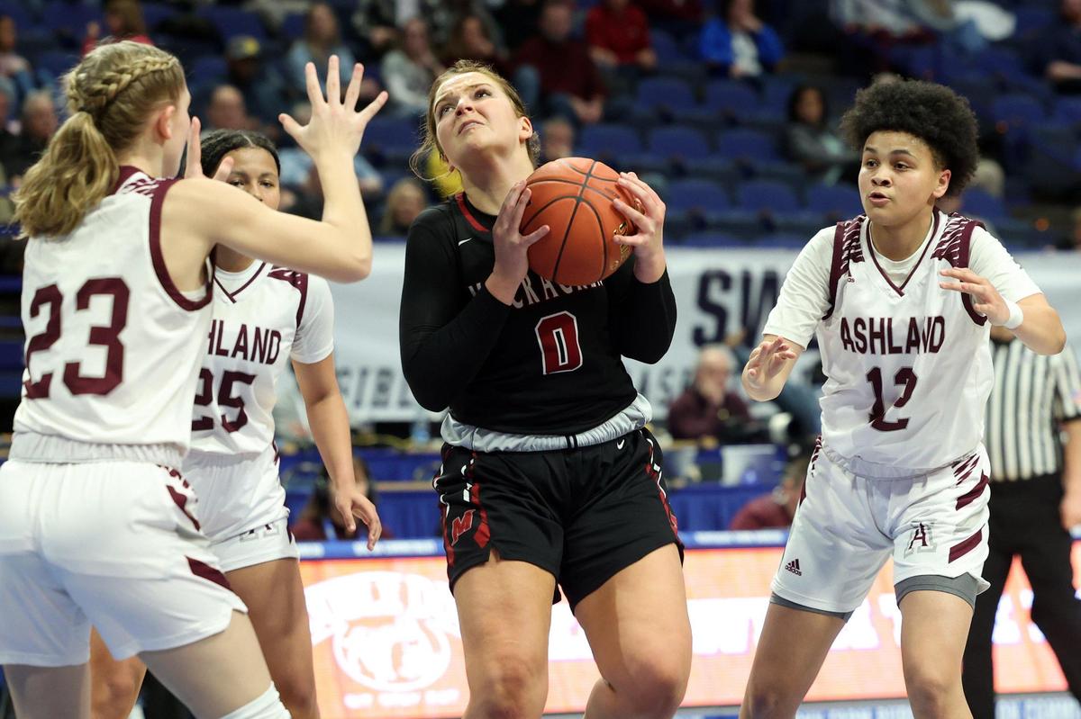 McCracken County’s Caroline Sivills (0) drives between Ashland Blazer’s Jenna Delaney (23) and Jaidyn Gulley (12). Sivills made two free throws with six seconds left to secure the victory and scored 14 points in the game.