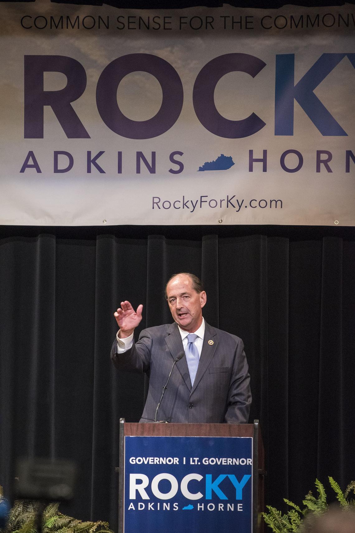 Rocky Adkins, the Kentucky House Minority Floor Leader, announces his candidacy in the May 2019 Democratic gubernatorial primary Wednesday, Nov. 14, 2018, in Morehead, Kentucky. His running mate is Steph Horne, of Louisville.