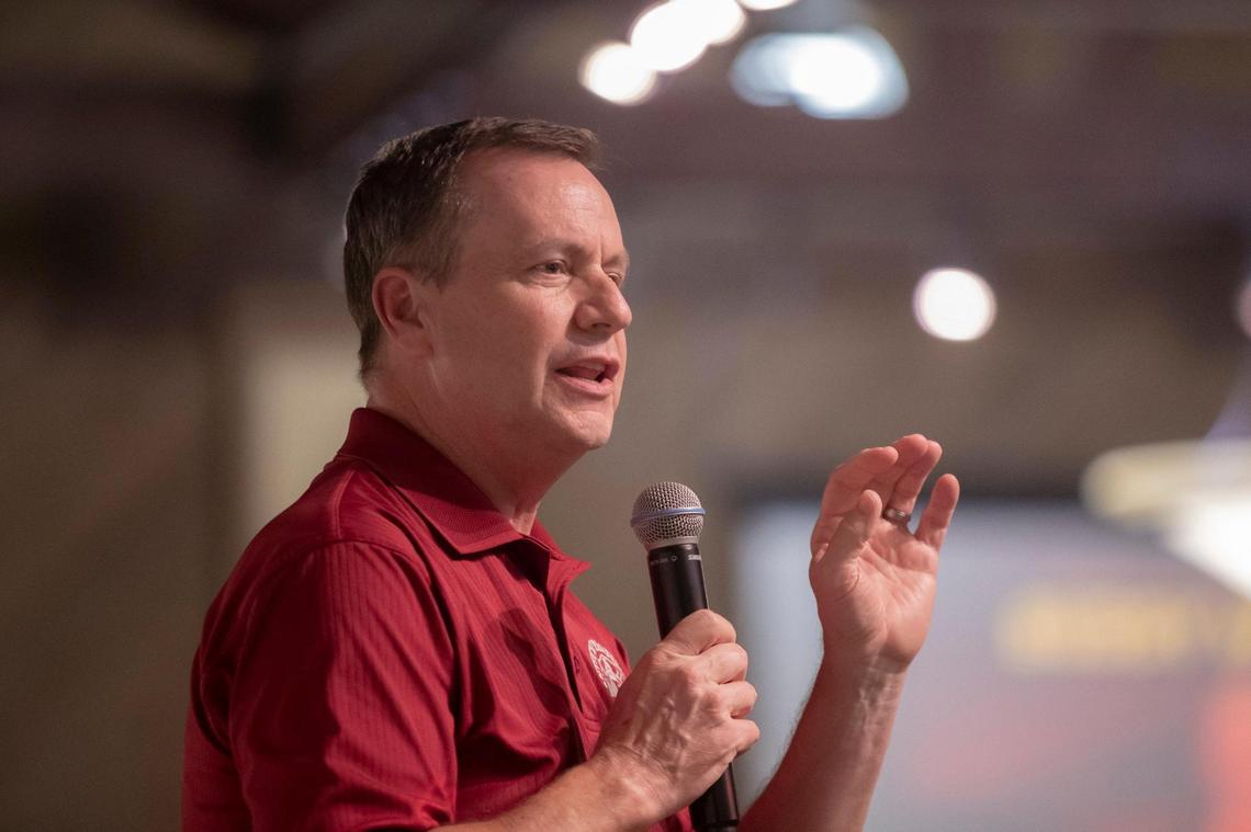 Kentucky Secretary of State Democratic candidate Buddy Wheatley speaks during the Mike Miller Memorial Marshall County Bean Dinner at the Kentucky Dam Village State Resort Park Convention Center in Gilbertsville, Ky., on Friday, Aug. 4, 2023.