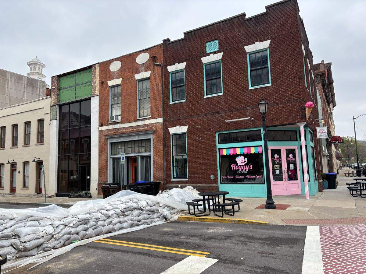 Sandbags still line the road near Hoggy’s, a popular ice cream shop in downtown Frankfort, Ky., April 11, 2025, after a multi-day rain event lead to a swollen Kentucky River and massive flooding.
