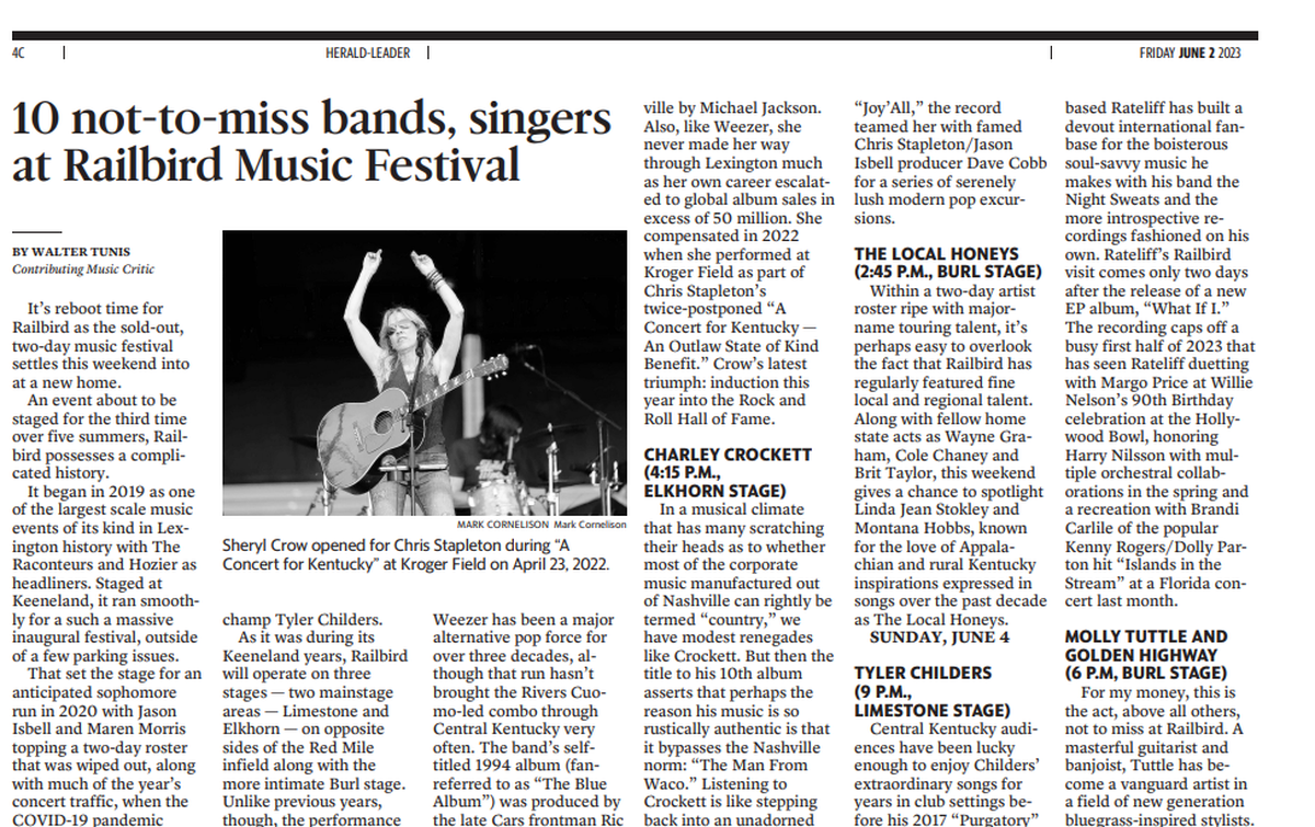 Walter Tunis selected his acts to watch for the 2023 Railbird music festival. Tunis covered several of the live events in Lexington.