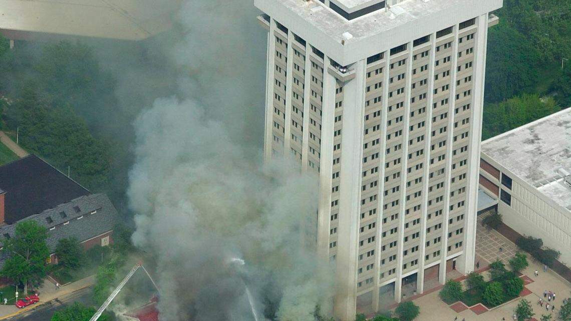 On Tuesday, May 15, 2001, the Administration Building at the University of Kentucky caught fire, causing damage to the roof and upper two floors. The building was rebuilt and reopened in 2004.