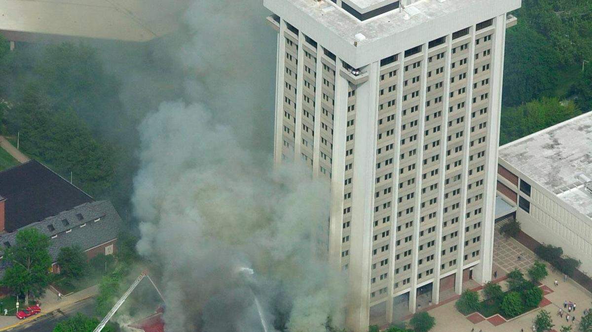 On Tuesday, May 15, 2001, the Administration Building at the University of Kentucky caught fire, causing damage to the roof and upper two floors. The building was rebuilt and reopened in 2004.