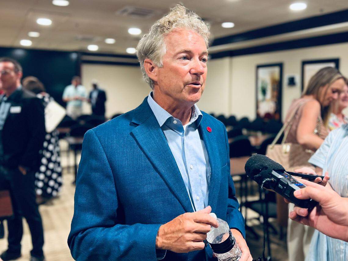 After a short question and answer with members of the Richmond Chamber of Commerce, Kentucky’s Republican Sen. Rand Paul takes questions from the media at Central Bank in Richmond, Ky., Friday July 11, 2025. 