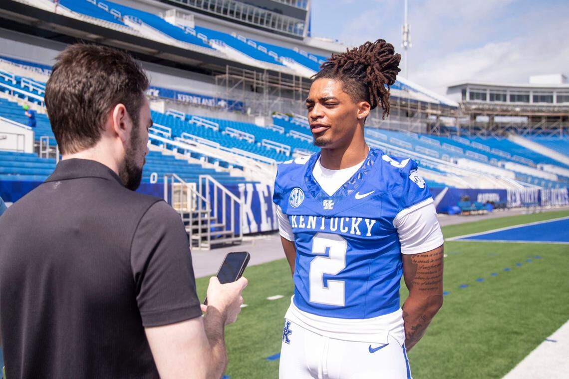 Quarterback Gavin Wimsatt speaks to the media about Kentucky’s upcoming season during media day on Friday at Kroger Field.