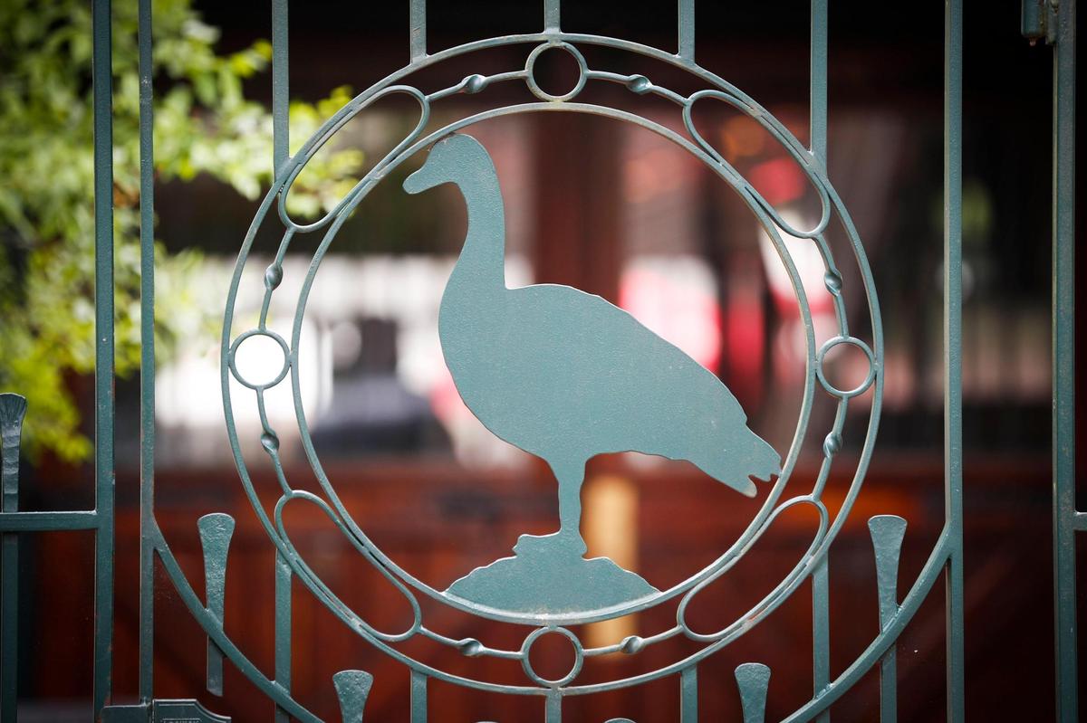 Wrought iron in the shape of a goose greets patrons at The Goose of Lexington in Lexington, Ky., Wednesday, May 5, 2021.