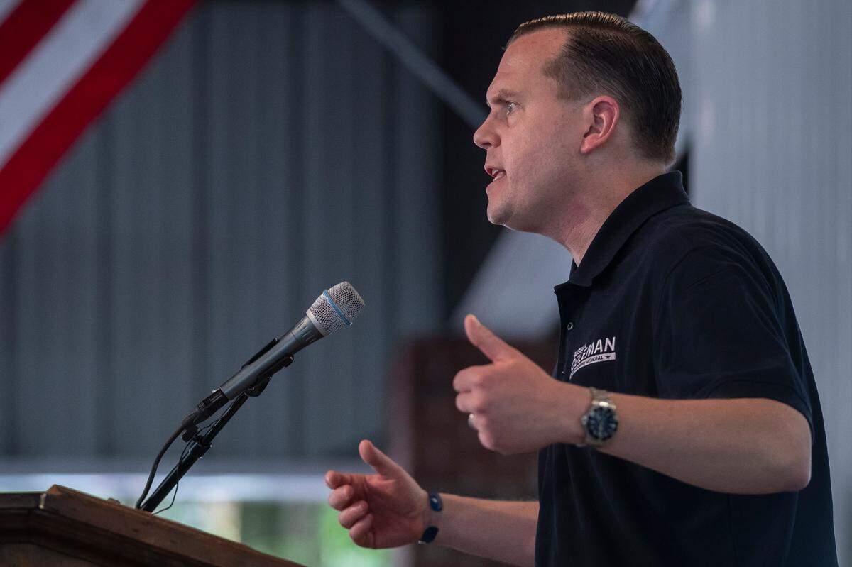 Russell Coleman, Republican candidate for Kentucky attorney general, speaks during the Fancy Farm picnic in Fancy Farm, Ky., on Saturday, Aug. 5, 2023.