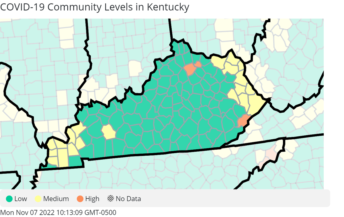 The Centers for Disease Control and Prevention’s map of COVID-19 community levels by county, as of Nov. 3, 2022. 