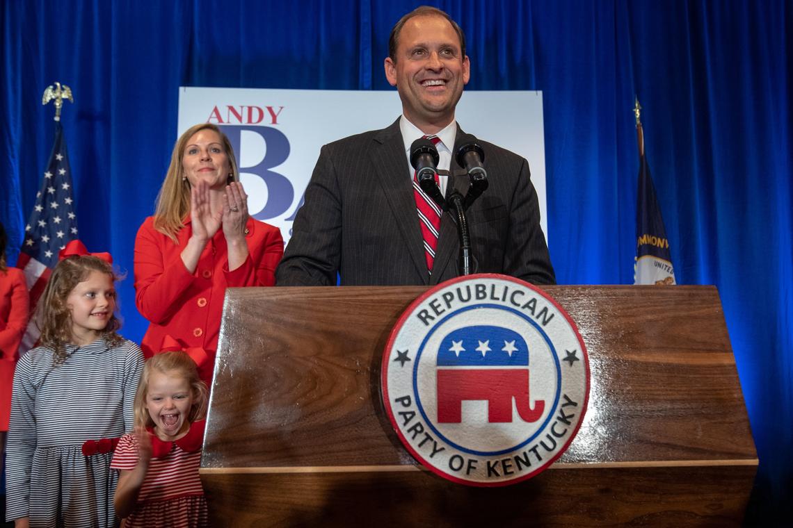 Congressman Andy Barr celebrates his re election at the Marriott Griffin Gate on Tuesday Nov. 6, 2018 in Lexington, Ky.